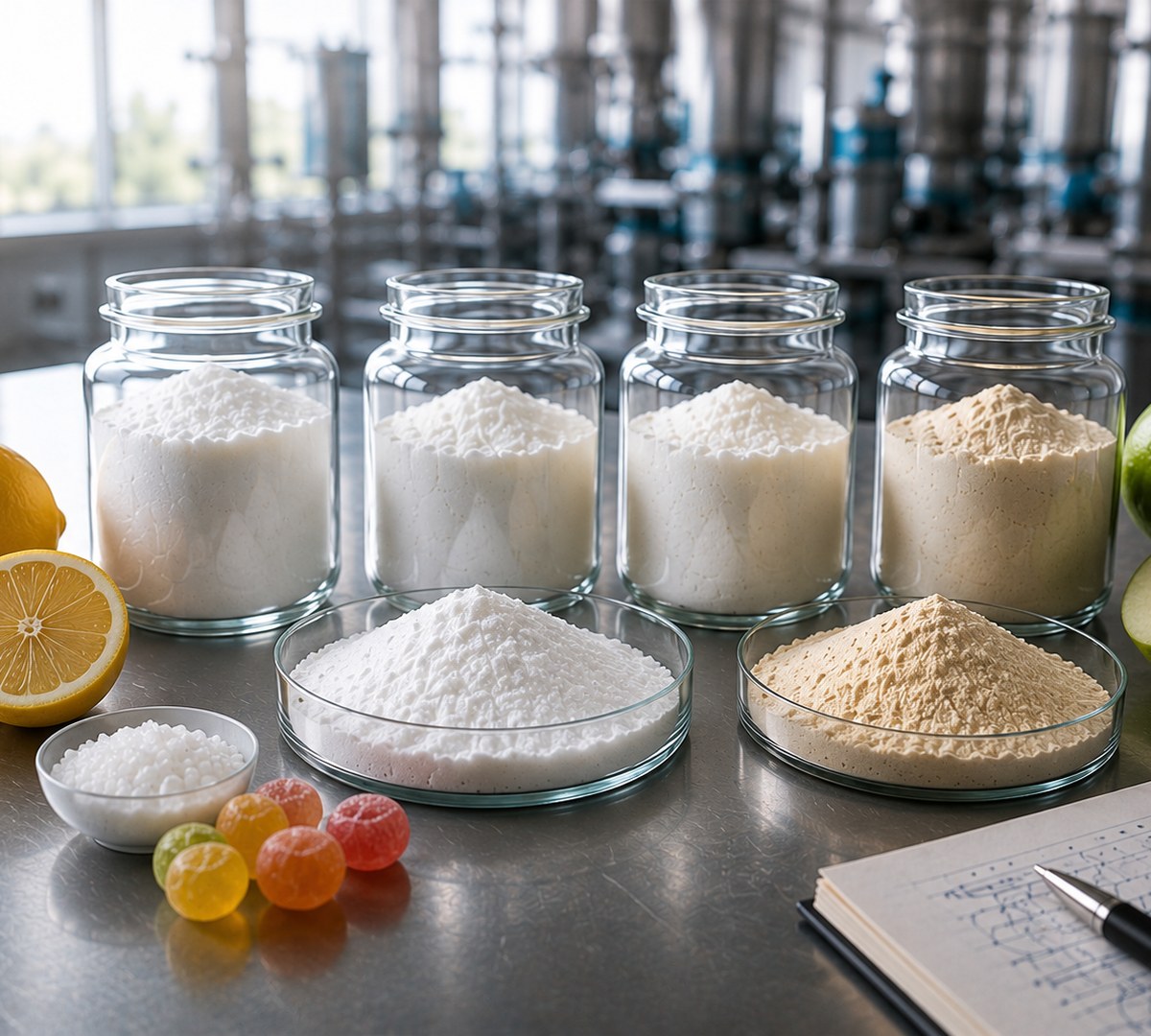 Citric Acid, Malic Acid and other acidulant ingredients in jars on a production floor