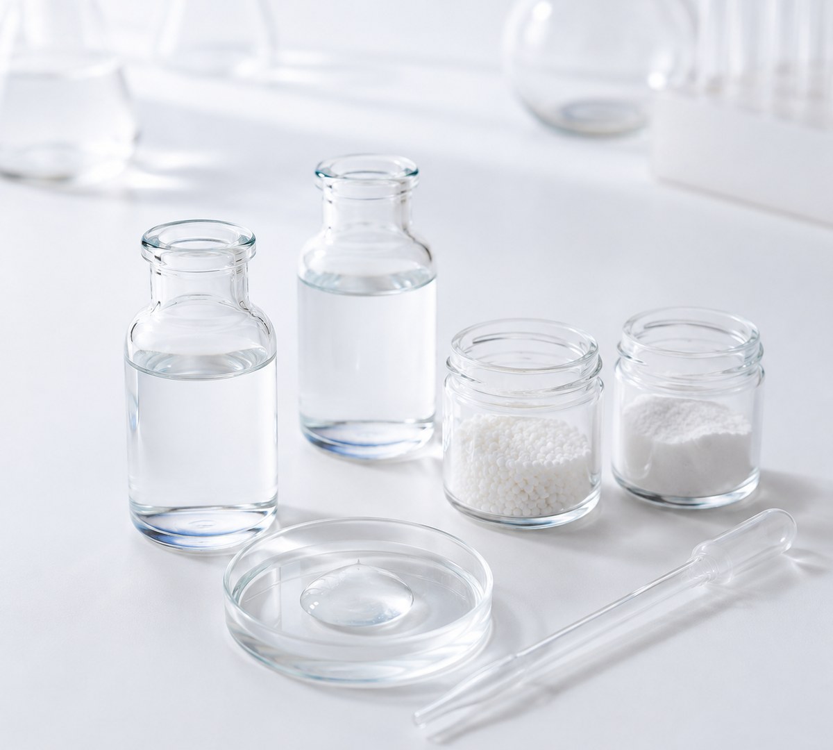 Functional food ingredients in glass vials and jars, close-up macro shot