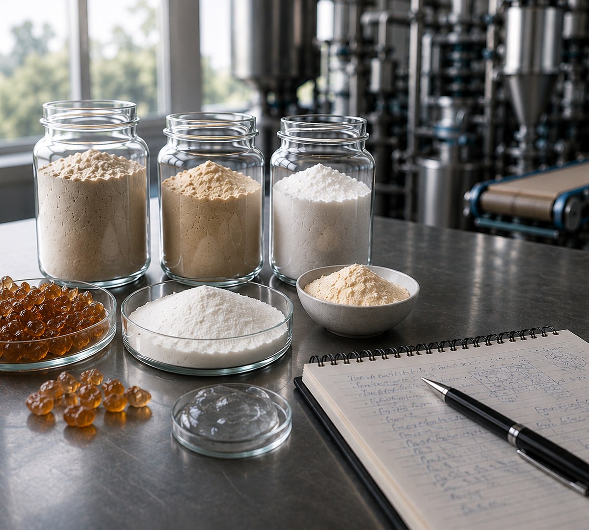 Gum Arabic, Xanthan Gum and other hydrocolloid ingredients in jars on a production floor