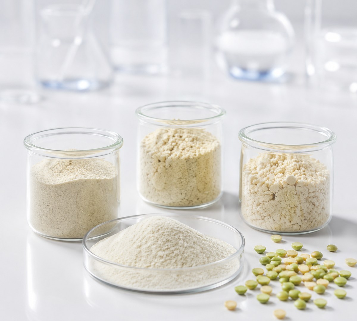 Plant protein powders in glass jars with dried peas, close-up macro shot
