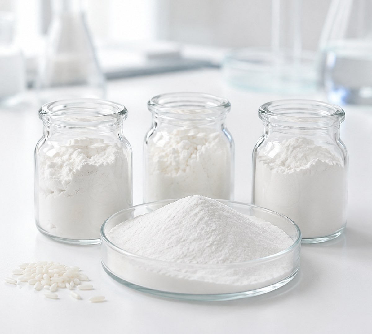 Rice starch and modified starch powders in glass jars with rice grains, close-up macro shot