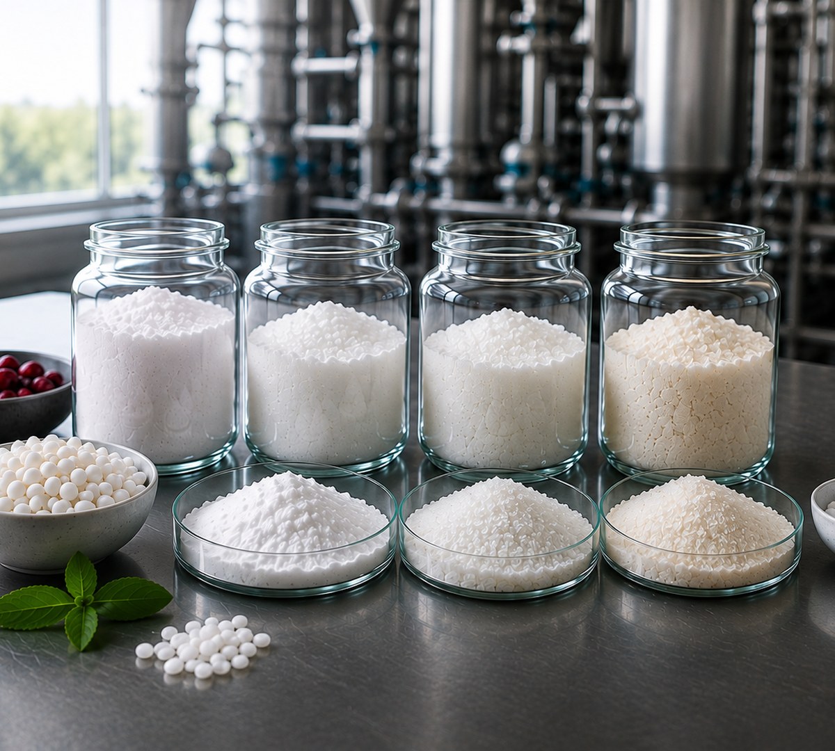 Maltitol Crystal and sweetener ingredients in jars on a production floor