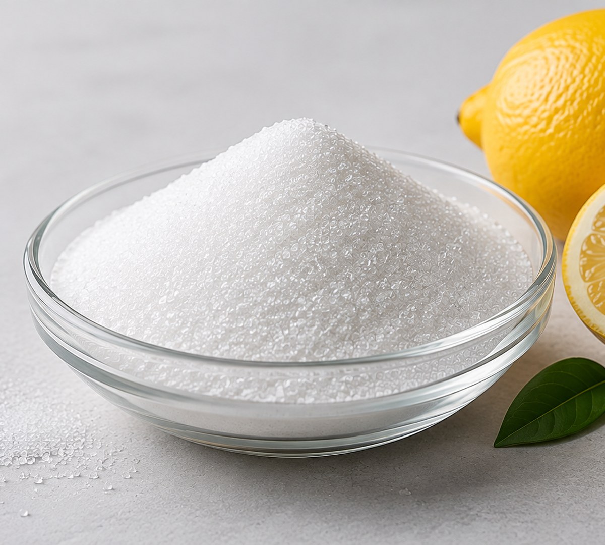 Citric Acid crystals in a glass bowl with fresh lemon, close-up macro shot