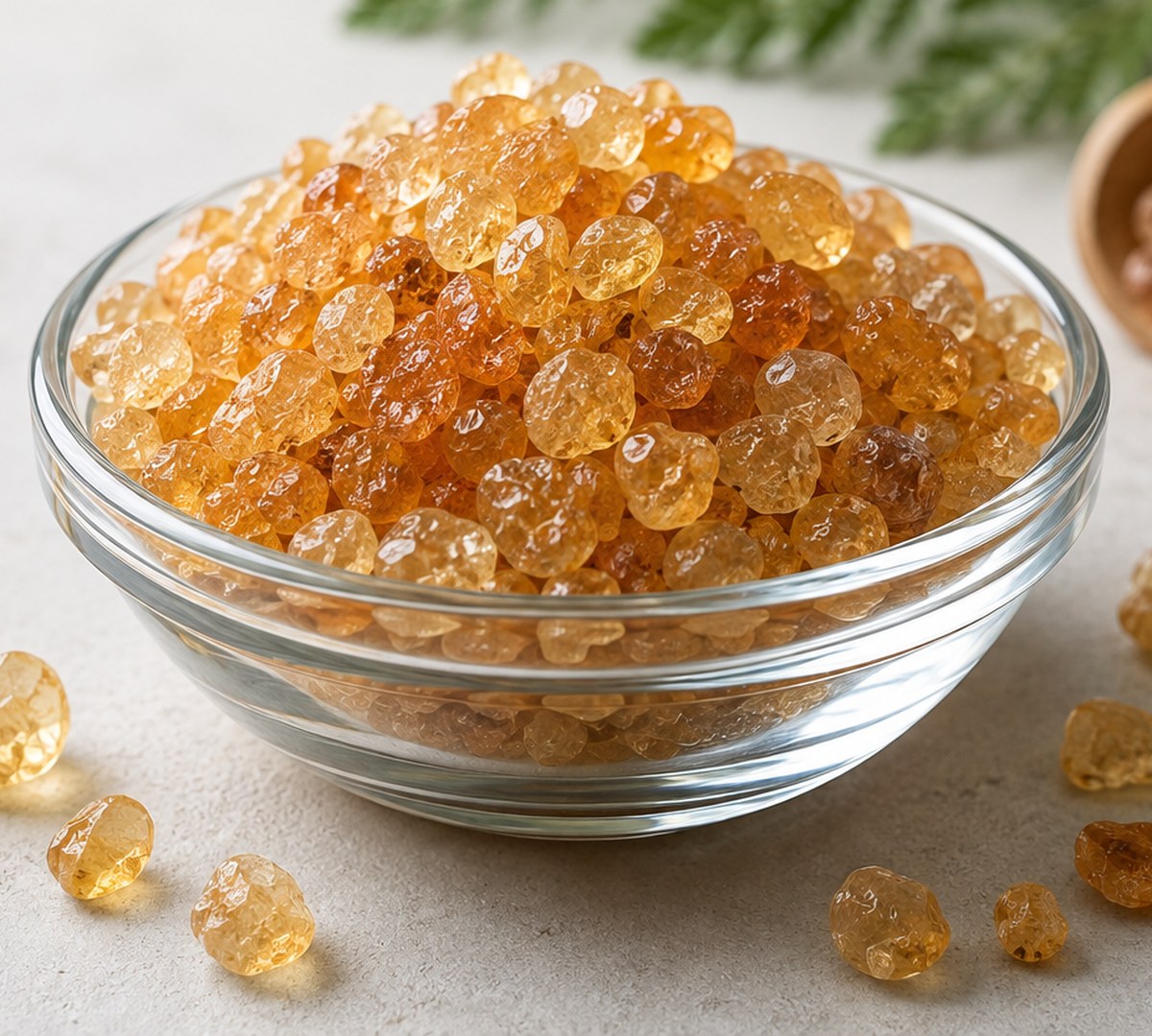 Gum Arabic ingredient in a glass bowl, close-up macro shot