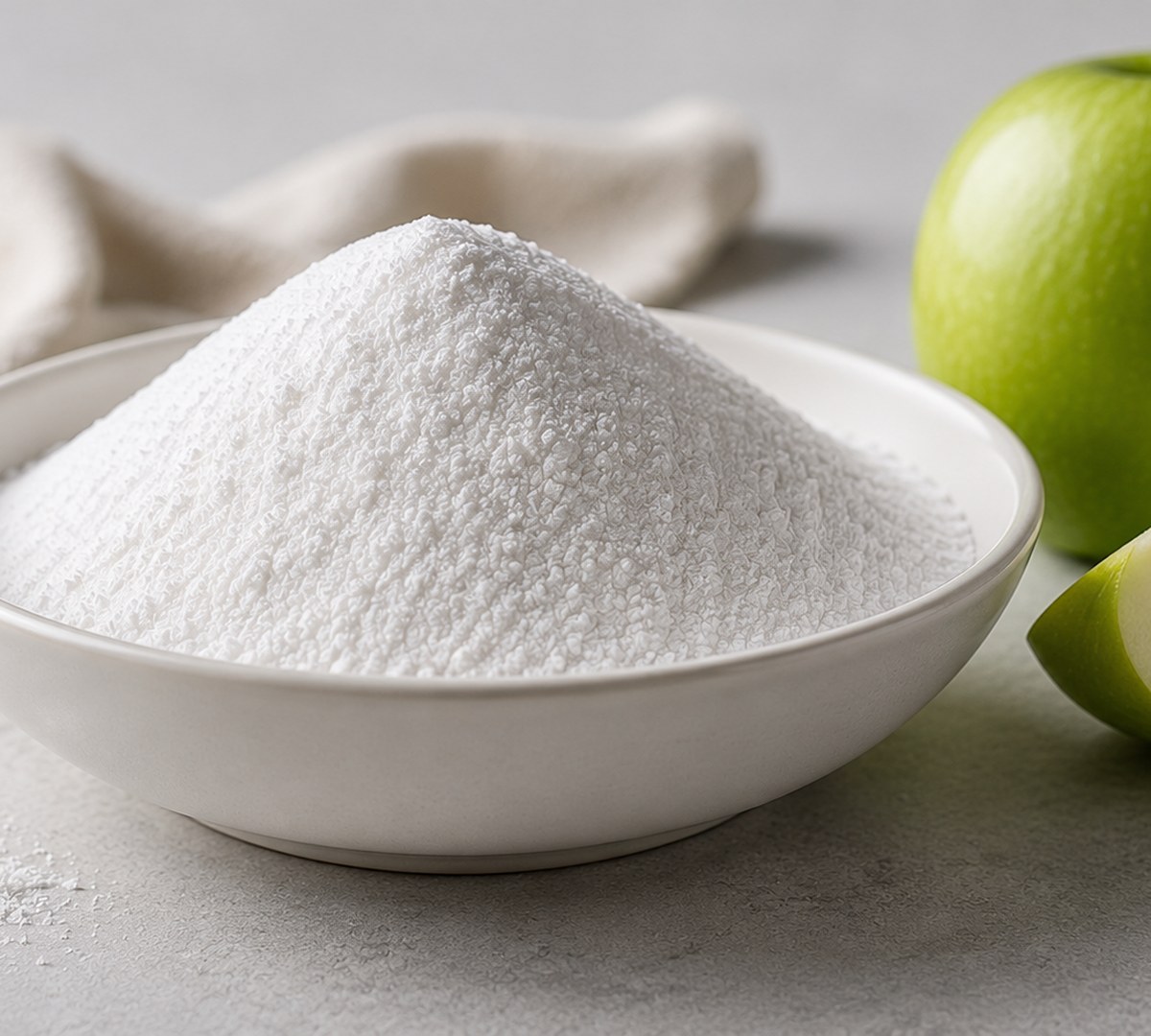 Malic Acid powder in a bowl with a fresh green apple, close-up macro shot