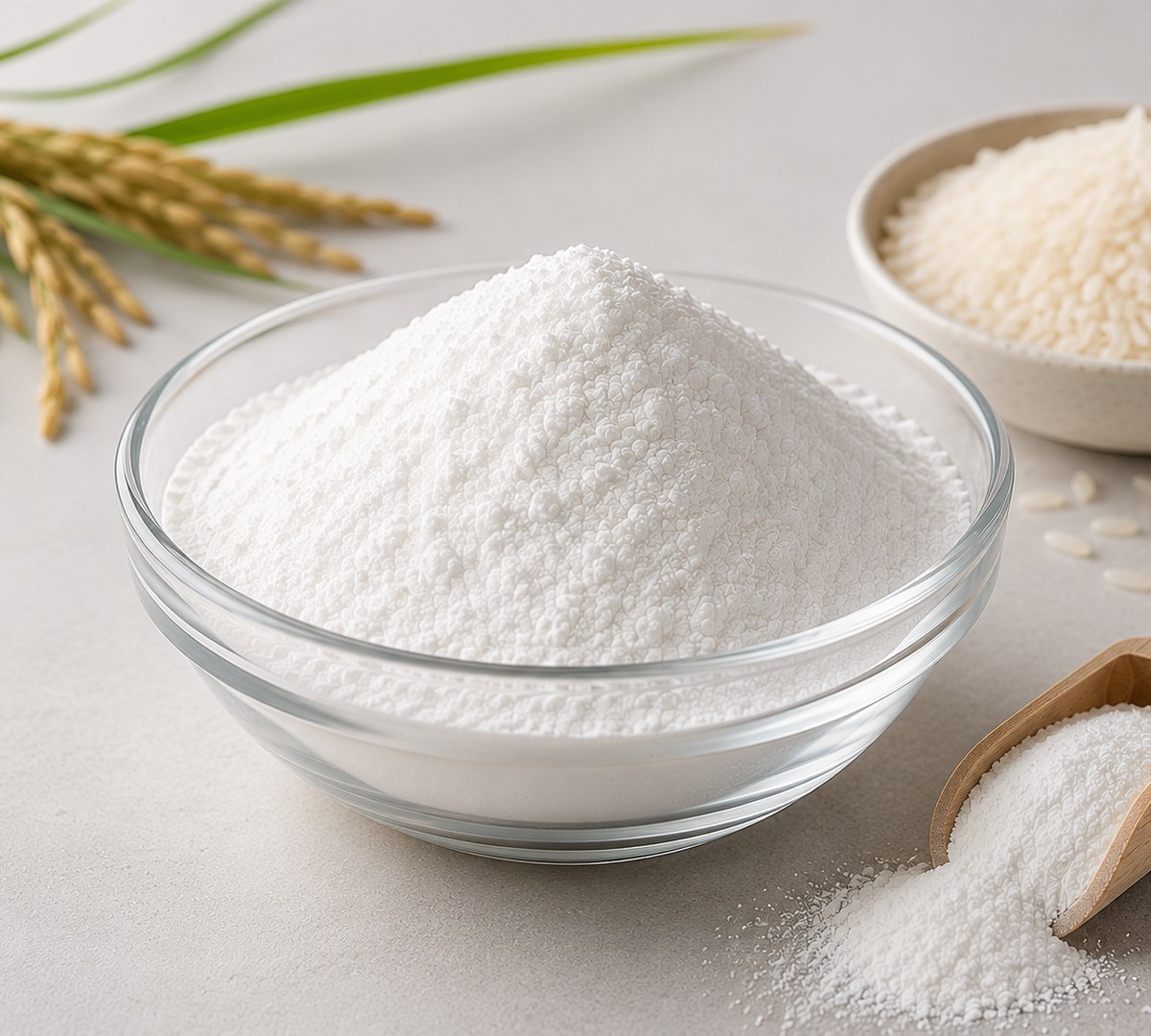 Rice Starch powder in a glass bowl with rice grains, close-up macro shot