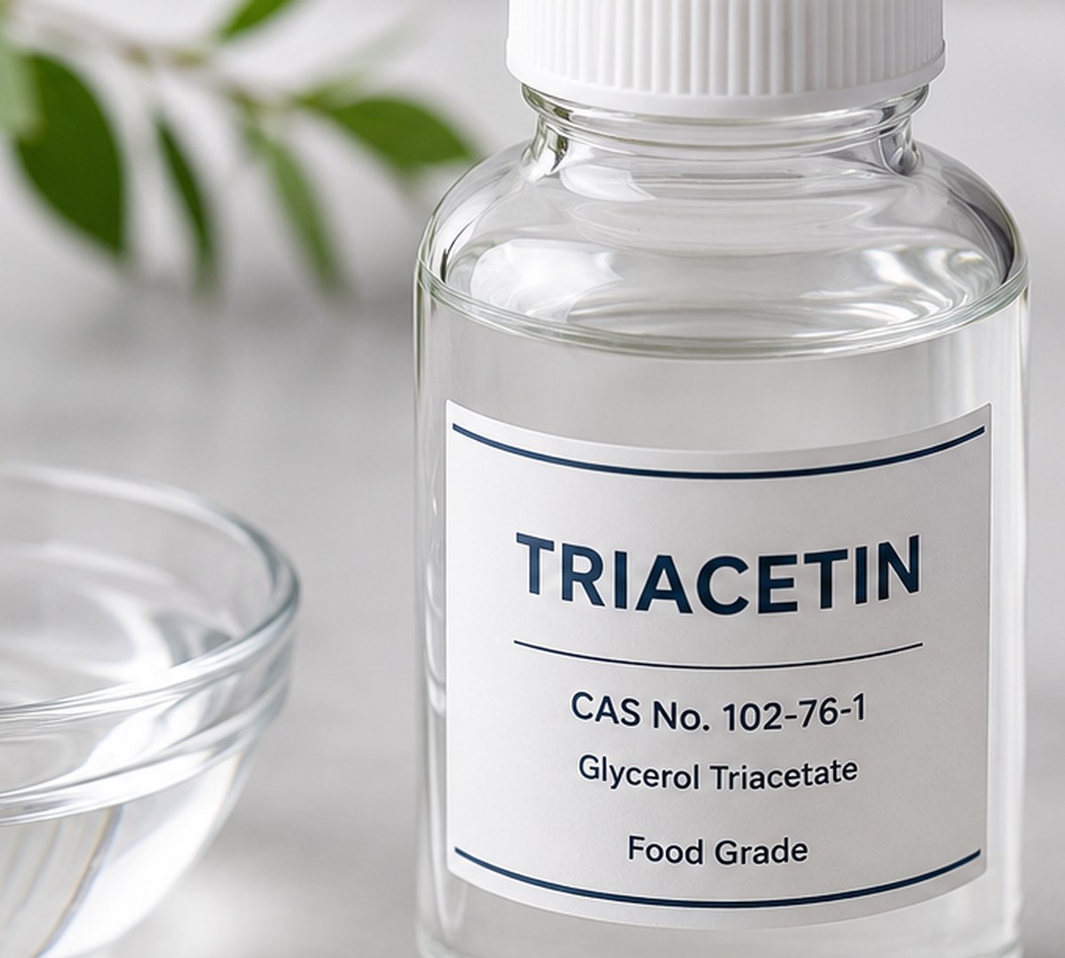 Triacetin liquid ingredient in a glass bowl, close-up macro shot