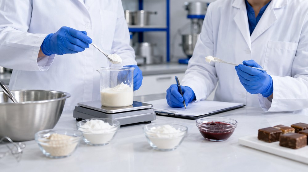 Formülasyon laboratuvarında hammadde ölçümü ve testi yapan teknisyenler